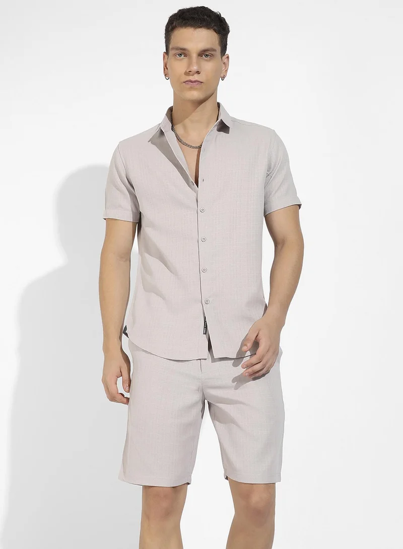 Campus Sutra Men's Beige Basic Textured Co-Ord Set For Casual Wear | Spread Collar | Short Sleeve | Button Closure | Cotton Co-Ords Crafted With Comfort Fit For Everyday Wear